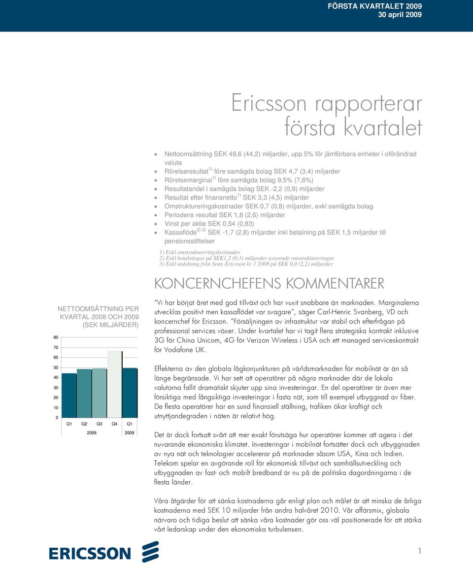 0,7 (0,8) miljarder, exkl samägda bolag Periodens resultat SEK 1,8 (2,6) miljarder Vinst per aktie SEK 0,54 (0,83) Kassaflöde 2) 3) SEK -1,7 (2,8) miljarder inkl betalning på SEK 1,5 miljarder till