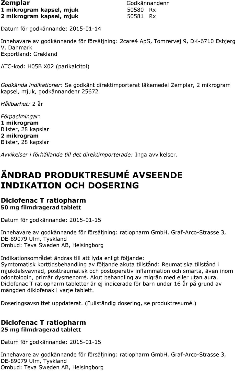 mikrogram Blister, 28 kapslar ÄNDRAD PRODUKTRESUMÉ AVSEENDE INDIKATION OCH DOSERING Diclofenac T ratiopharm 50 mg filmdragerad tablett Datum för godkännande: 2015-01-15 Innehavare av godkännande för