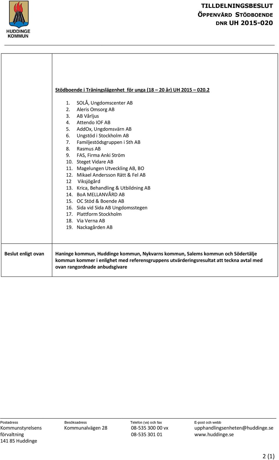 Mikael Andersson Rätt & Fel AB 12 Viksjögård 13. Krica, Behandling & Utbildning AB 14. BoA MELLANVÅRD AB 15. OC Stöd & Boende AB 16. Sida vid Sida AB Ungdomsstegen 17. Plattform Stockholm 18.