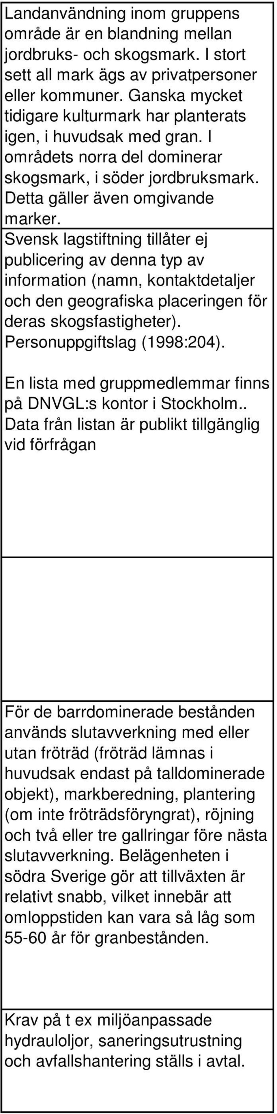 Svensk lagstiftning tillåter ej publicering av denna typ av information (namn, kontaktdetaljer och den geografiska placeringen för deras skogsfastigheter). Personuppgiftslag (1998:204).