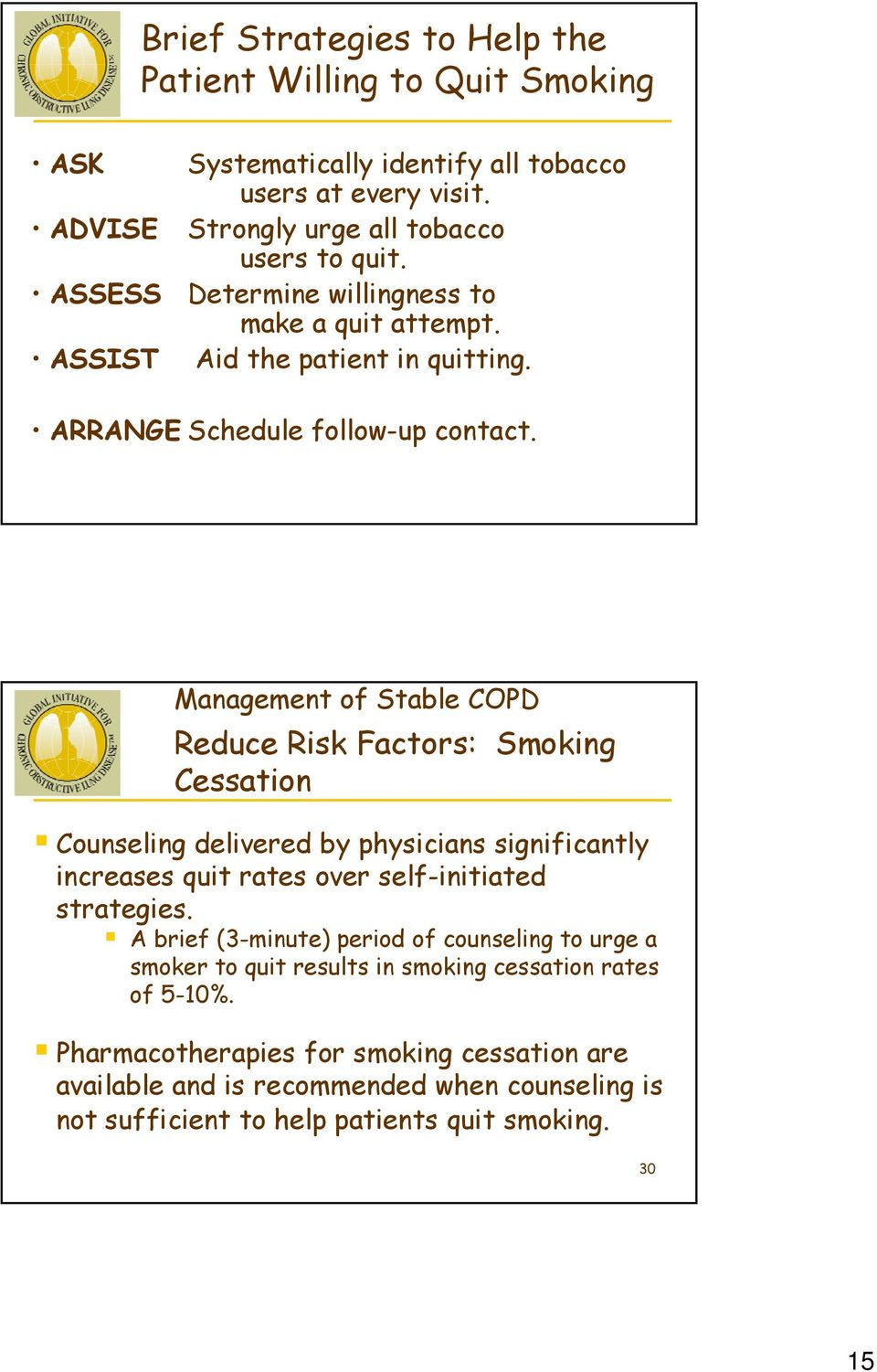 Management of Stable COPD Reduce Risk Factors: Smoking Cessation Counseling delivered by physicians significantly increases quit rates over self-initiated strategies.