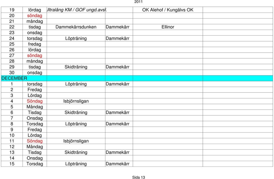 Onsdag 8 Torsdag 9 Fredag 10 Lördag 11 Söndag Isbjörnsligan 12 Måndag 13 Tisdag Skidträning 14 Onsdag 15 Torsdag