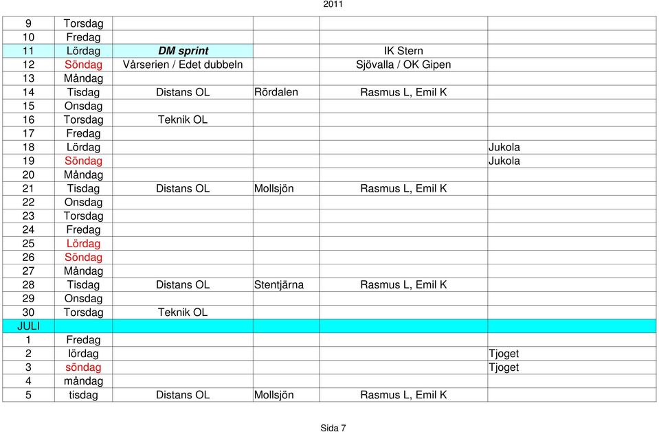 L, Emil K 22 Onsdag 23 Torsdag 24 Fredag 25 Lördag 26 Söndag 27 Måndag Jukola Jukola 28 Tisdag Distans OL Stentjärna Rasmus L, Emil K