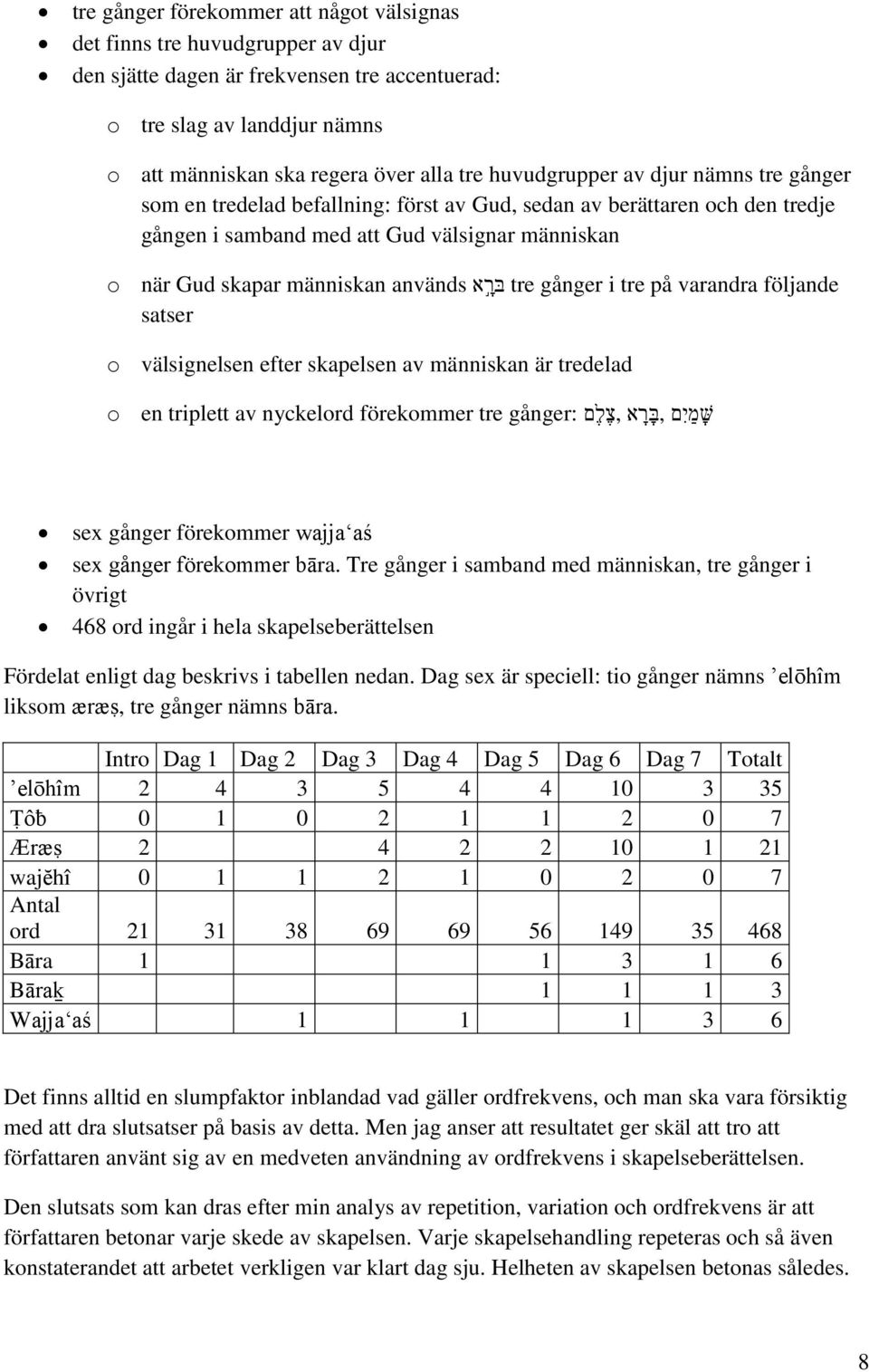 בר א tre gånger i tre på varandra följande satser o välsignelsen efter skapelsen av människan är tredelad ש מי ם, ב ר א,צ ל ם gånger: o en triplett av nyckelord förekommer tre sex gånger förekommer