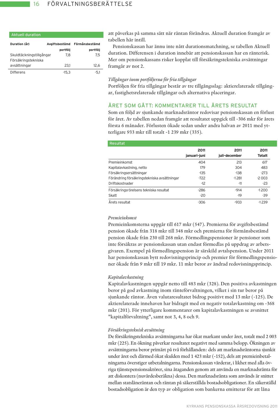 Differensen i duration innebär att pensionskassan har en ränterisk. Mer om pensionskassans risker kopplat till försäkringstekniska avsättningar framgår av not 2.