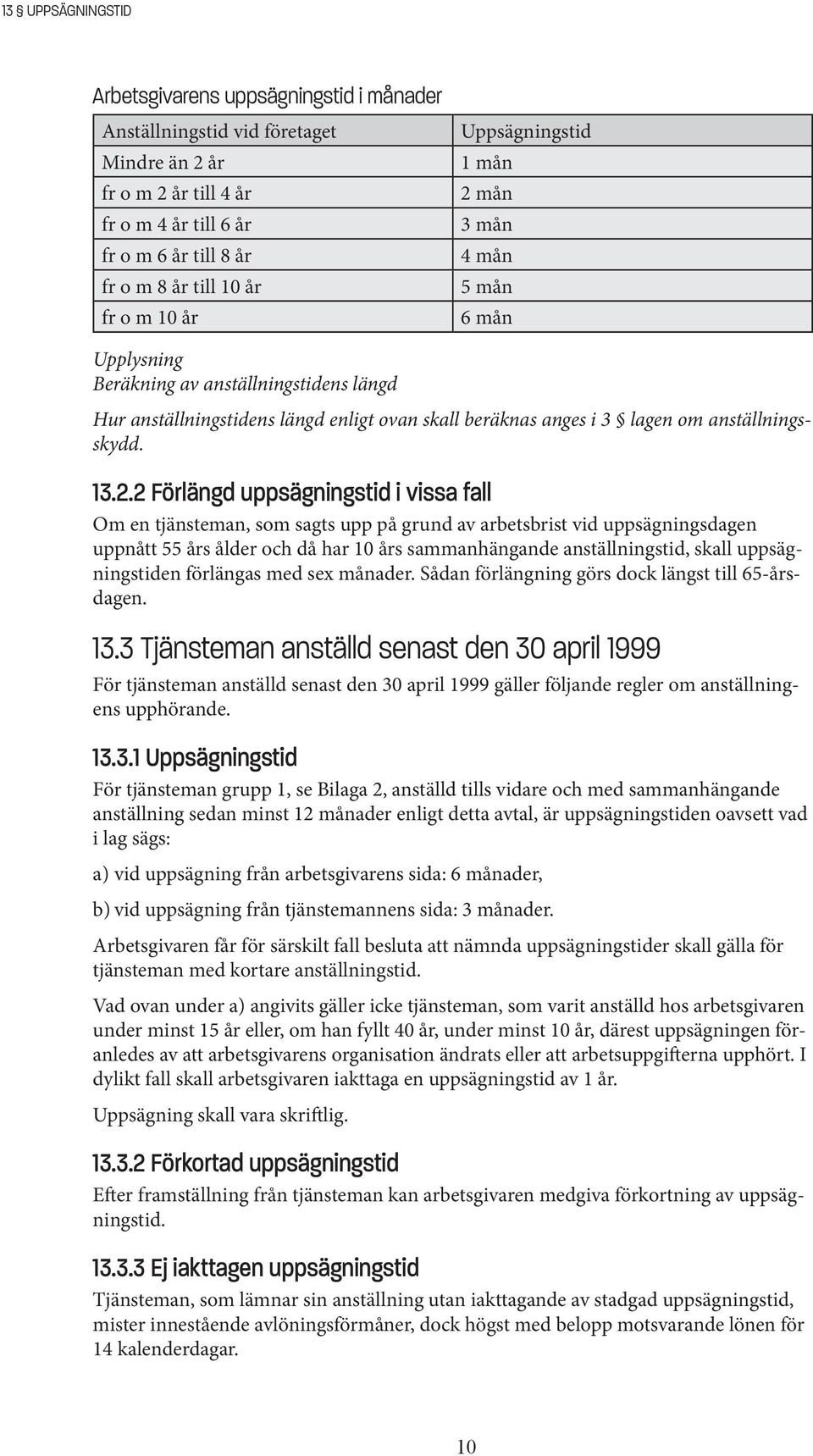 13.2.2 Förlängd uppsägningstid i vissa fall Om en tjänsteman, som sagts upp på grund av arbetsbrist vid uppsägningsdagen uppnått 55 års ålder och då har 10 års sammanhängande anställningstid, skall