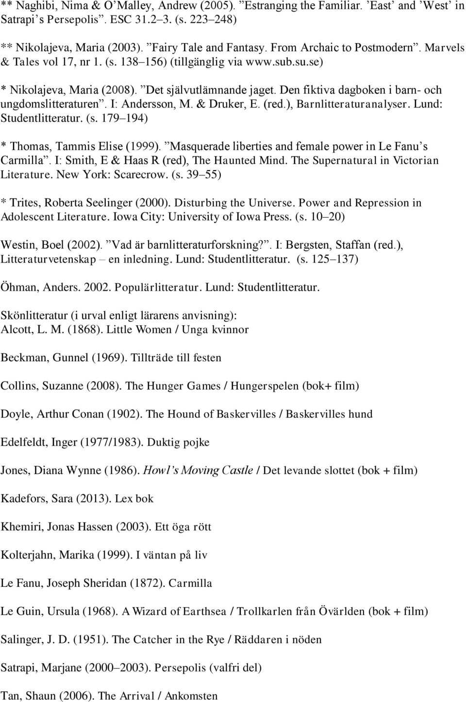 Den fiktiva dagboken i barn- och ungdomslitteraturen. I: Andersson, M. & Druker, E. (red.), Barnlitteraturanalyser. Lund: Studentlitteratur. (s. 179 194) * Thomas, Tammis Elise (1999).