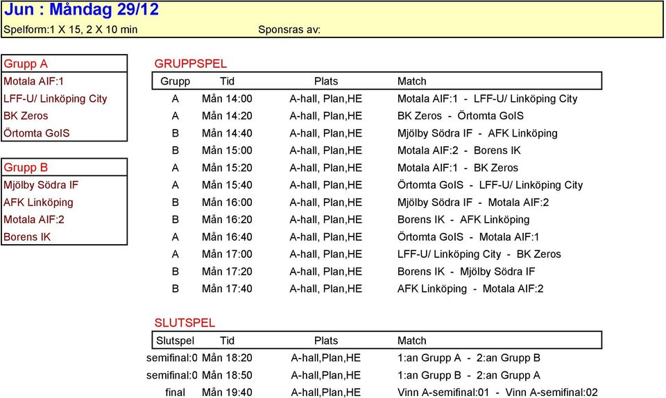 Mån 15:20 A-hall, Plan,HE Motala AIF:1 - BK Zeros Mjölby Södra IF A Mån 15:40 A-hall, Plan,HE Örtomta GoIS - LFF-U/ Linköping City AFK Linköping B Mån 16:00 A-hall, Plan,HE Mjölby Södra IF - Motala