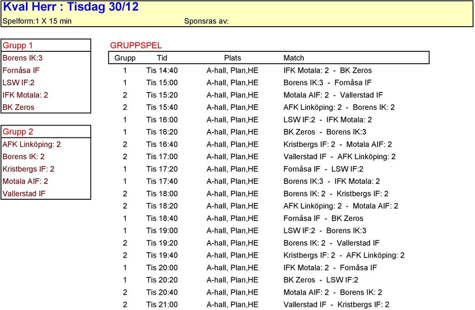 A-hall, Plan,HE LSW IF:2 - IFK Motala: 2 Grupp 2 1 Tis 16:20 A-hall, Plan,HE BK Zeros - Borens IK:3 AFK Linköping: 2 2 Tis 16:40 A-hall, Plan,HE Kristbergs IF: 2 - Motala AIF: 2 Borens IK: 2 2 Tis