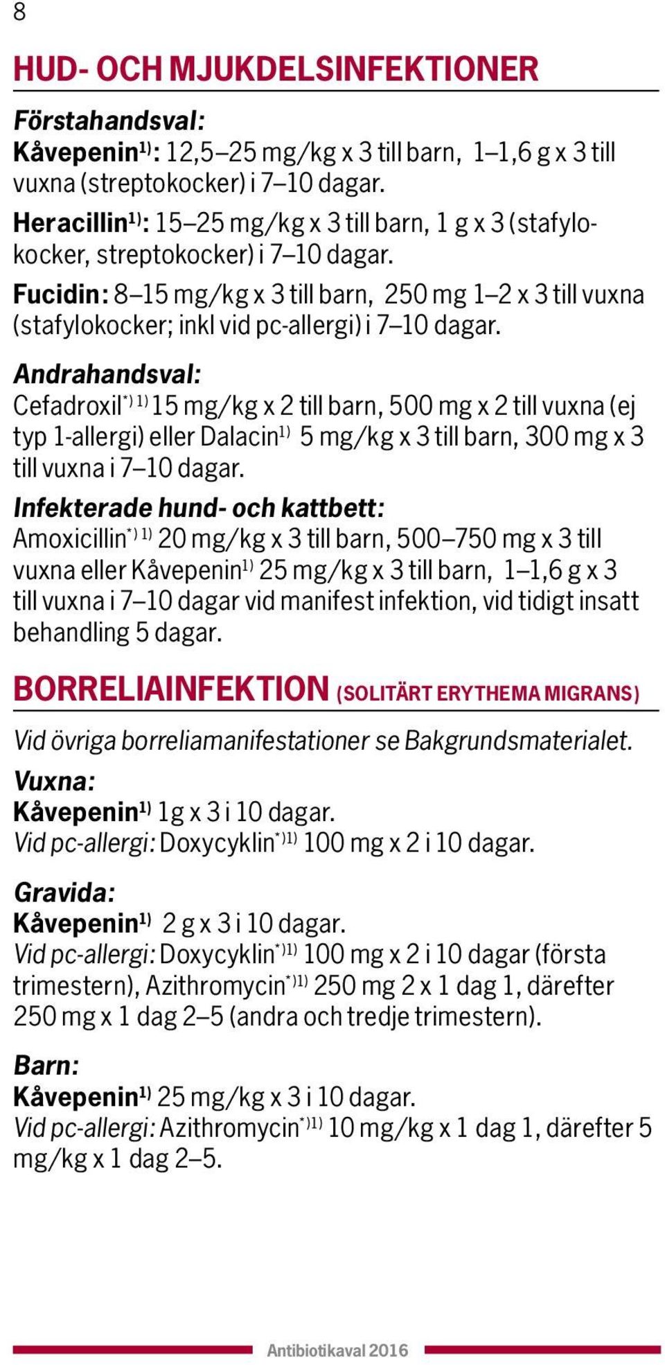 Andrahandsval: Cefadroxil *) ) mg/kg x 2 till barn, 00 mg x 2 till vuxna (ej typ -allergi) eller Dalacin ) mg/kg x till barn, 00 mg x till vuxna i 70 dagar.