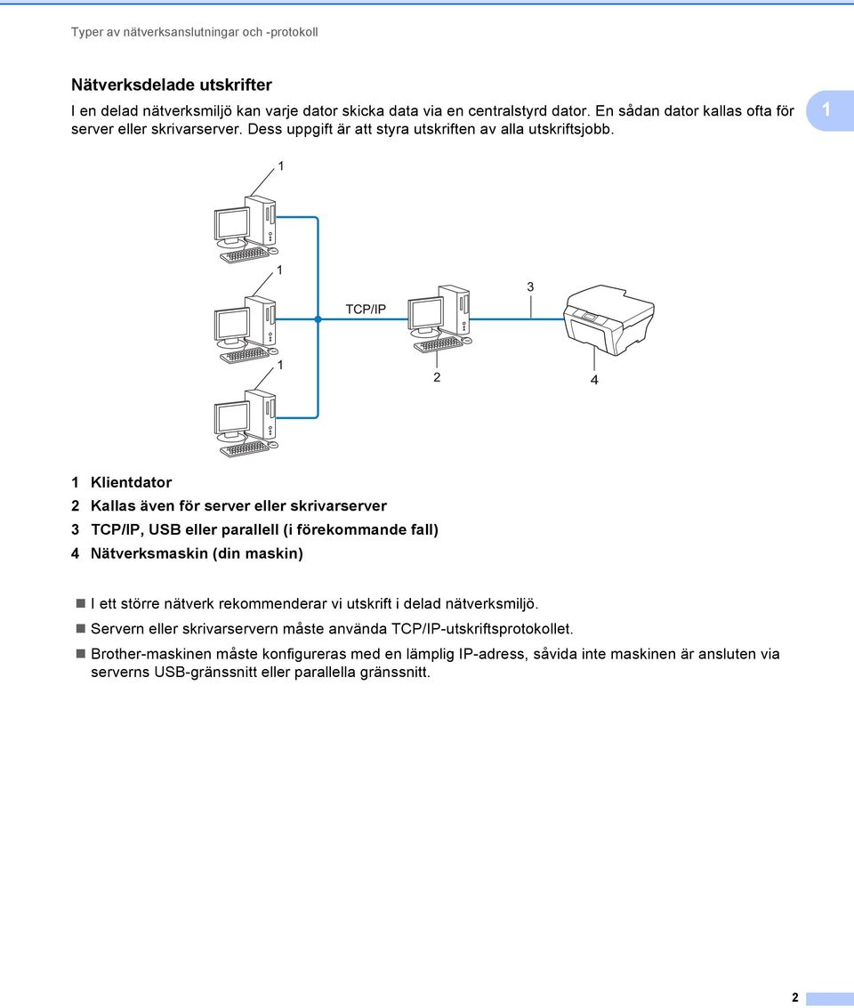 1 1 Klientdator 2 Kallas även för server eller skrivarserver 3 TCP/IP, USB eller parallell (i förekommande fall) 4 Nätverksmaskin (din maskin) I ett större nätverk rekommenderar