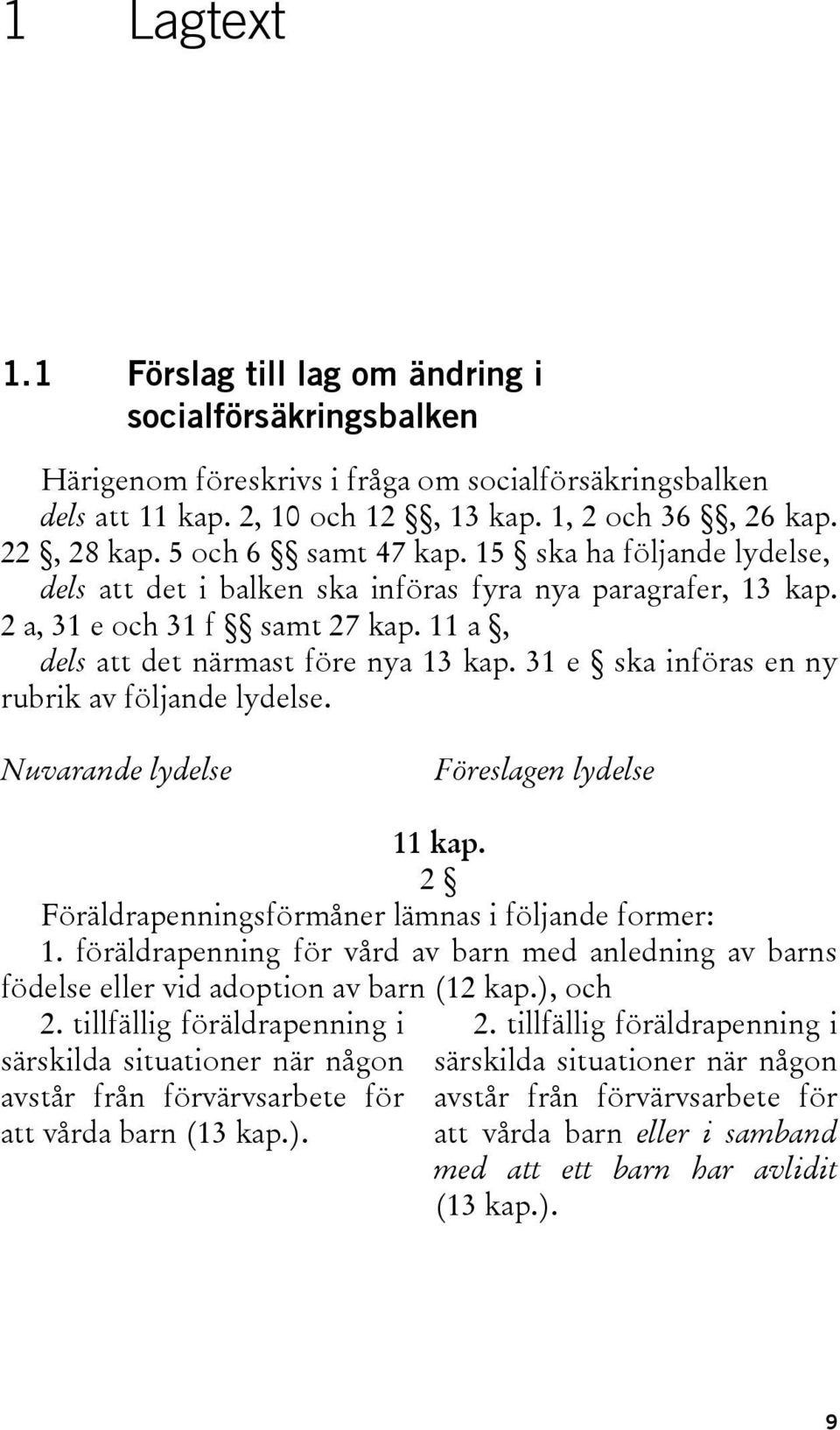 31 e ska införas en ny rubrik av följande lydelse. Nuvarande lydelse Föreslagen lydelse 11 kap. 2 Föräldrapenningsförmåner lämnas i följande former: 1.