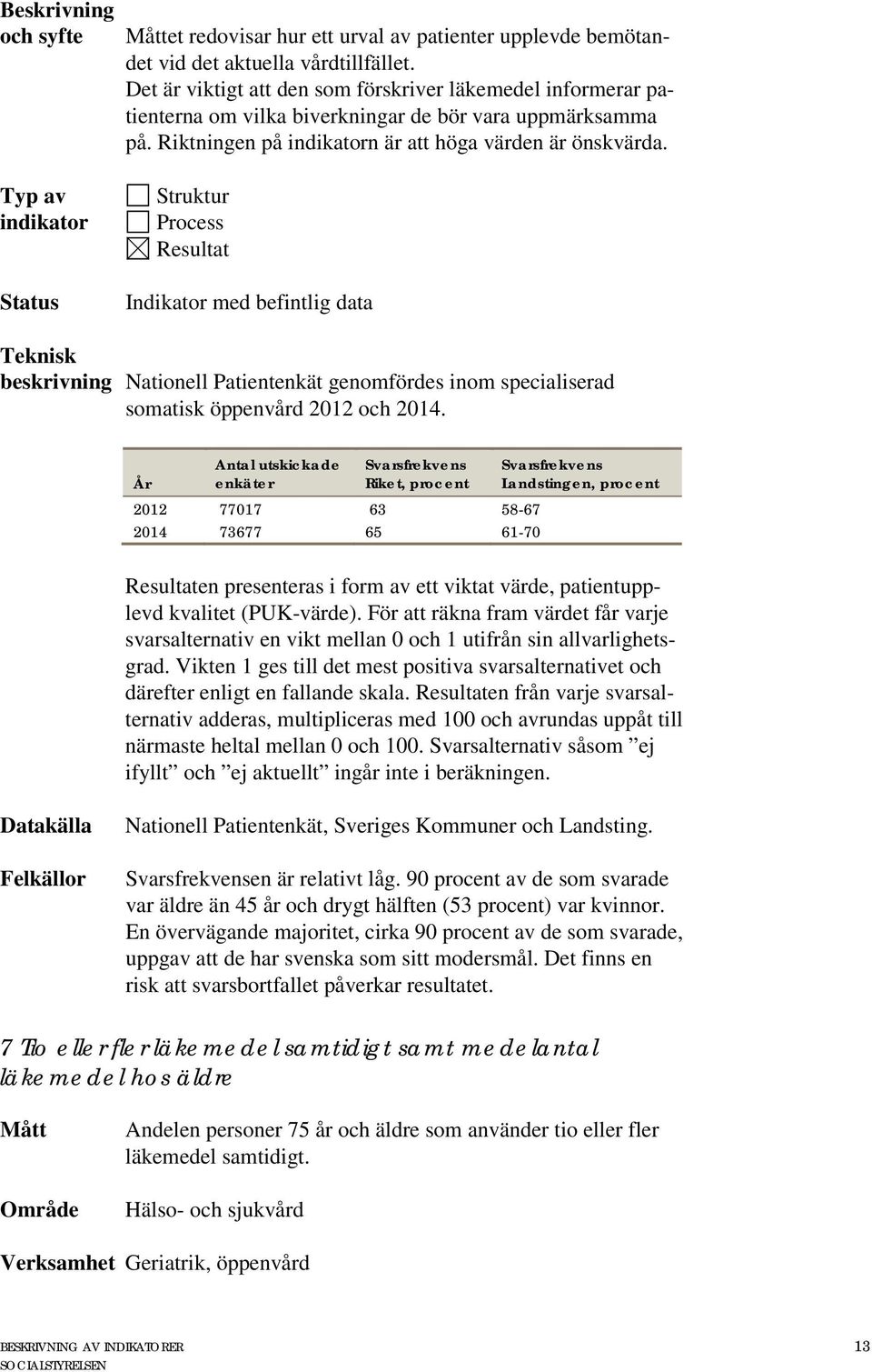 Typ av beskrivning Nationell Patientenkät genomfördes inom specialiserad somatisk öppenvård 2012 och 2014.