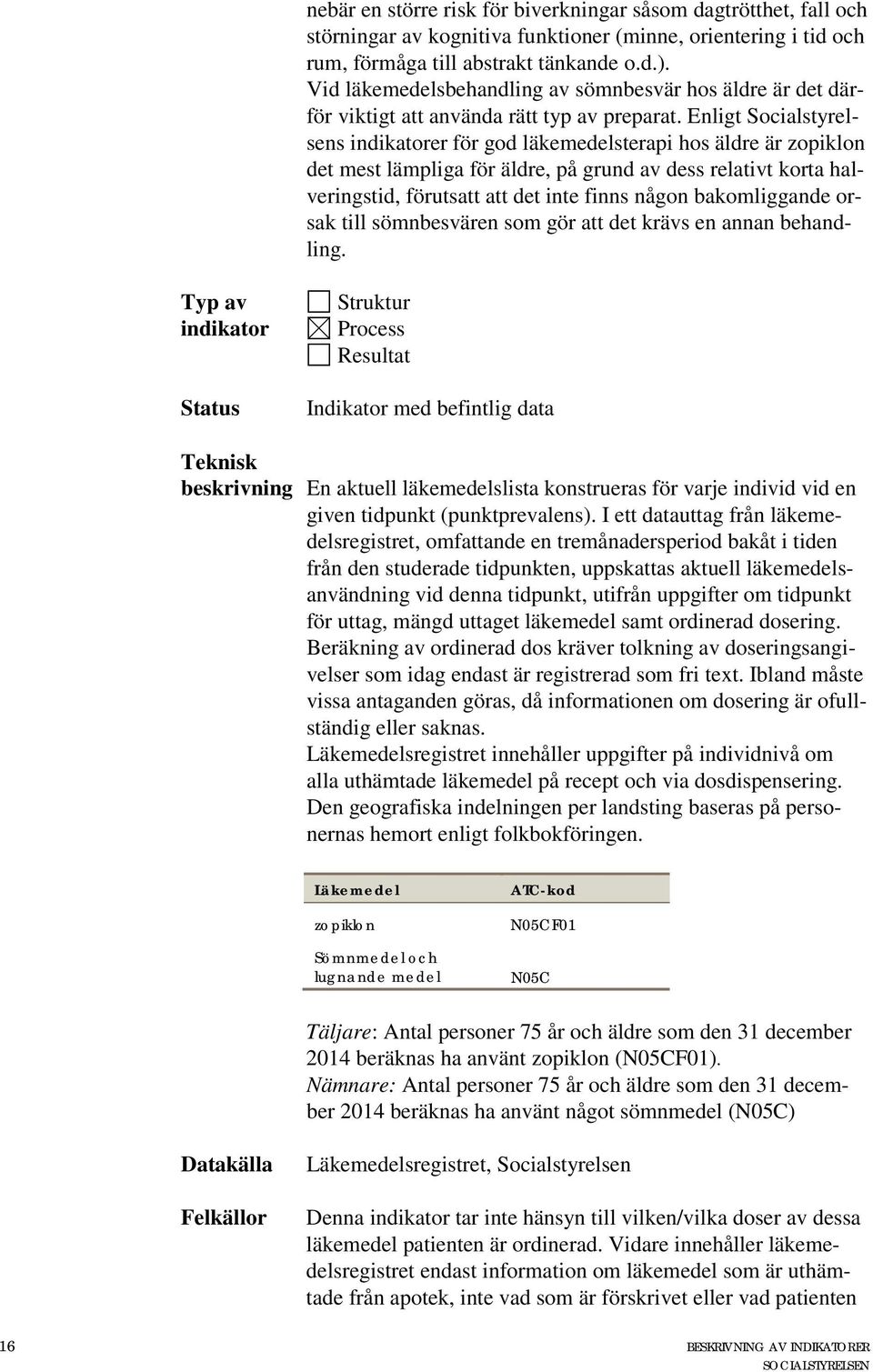 Enligt Socialstyrelsens er för god läkemedelsterapi hos äldre är zopiklon det mest lämpliga för äldre, på grund av dess relativt korta halveringstid, förutsatt att det inte finns någon bakomliggande