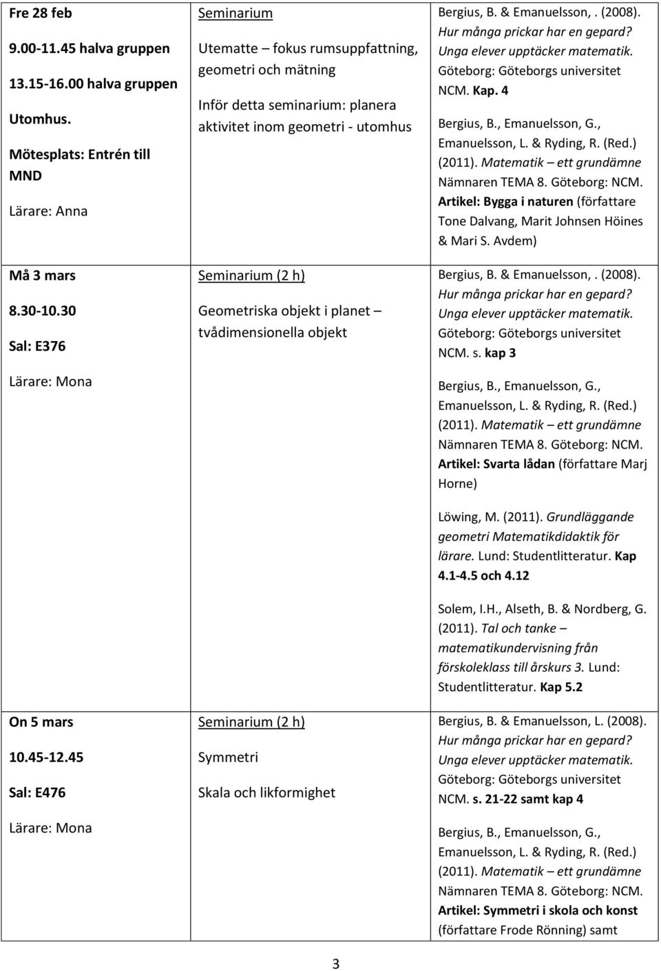 planet tvådimensionella objekt Seminarium (2 h) Symmetri Skala och likformighet 3 NCM. Kap. 4 Artikel: Bygga i naturen (författare Tone Dalvang, Marit Johnsen Höines & Mari S. Avdem) NCM. s.