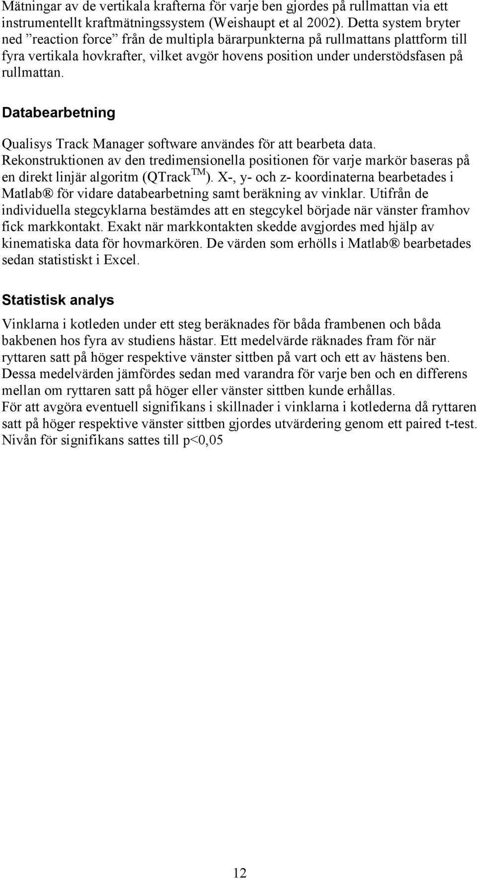 Databearbetning Qualisys Track Manager software användes för att bearbeta data. Rekonstruktionen av den tredimensionella positionen för varje markör baseras på en direkt linjär algoritm (QTrack TM ).