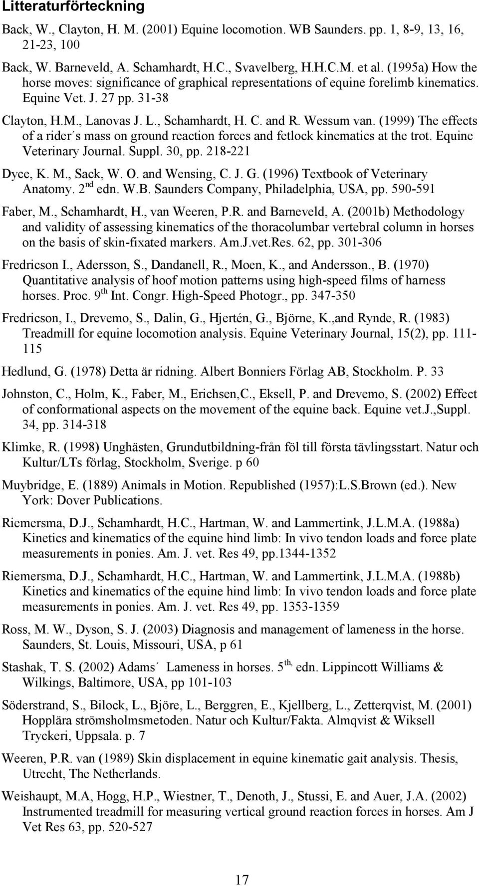 (1999) The effects of a rider s mass on ground reaction forces and fetlock kinematics at the trot. Equine Veterinary Journal. Suppl. 30, pp. 218-221 Dyce, K. M., Sack, W. O. and Wensing, C. J. G.