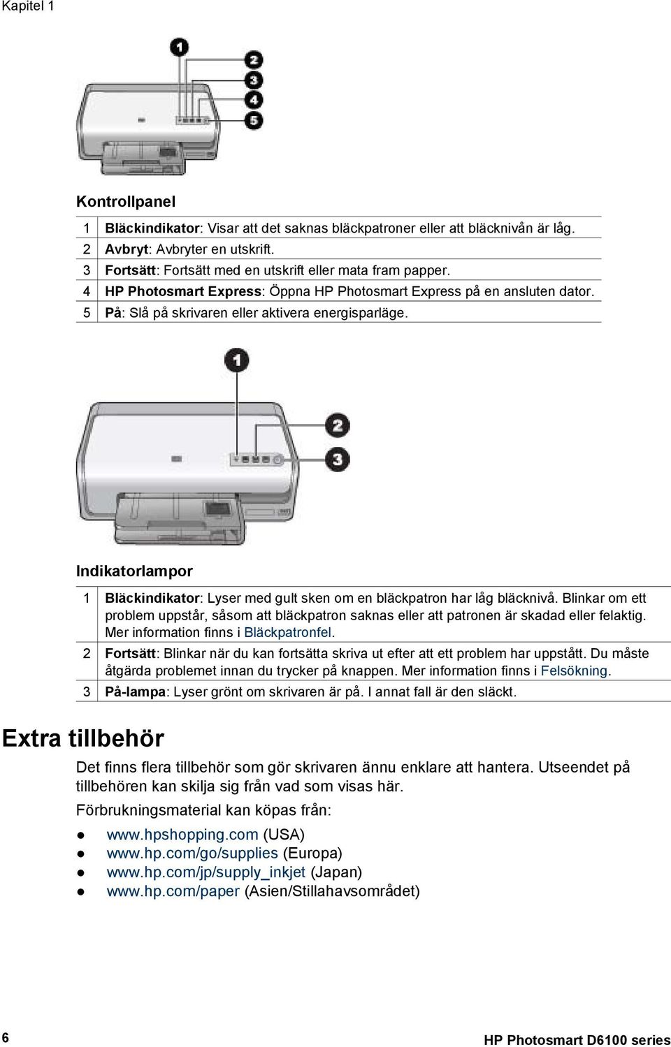 Indikatorlampor Extra tillbehör 1 Bläckindikator: Lyser med gult sken om en bläckpatron har låg bläcknivå.