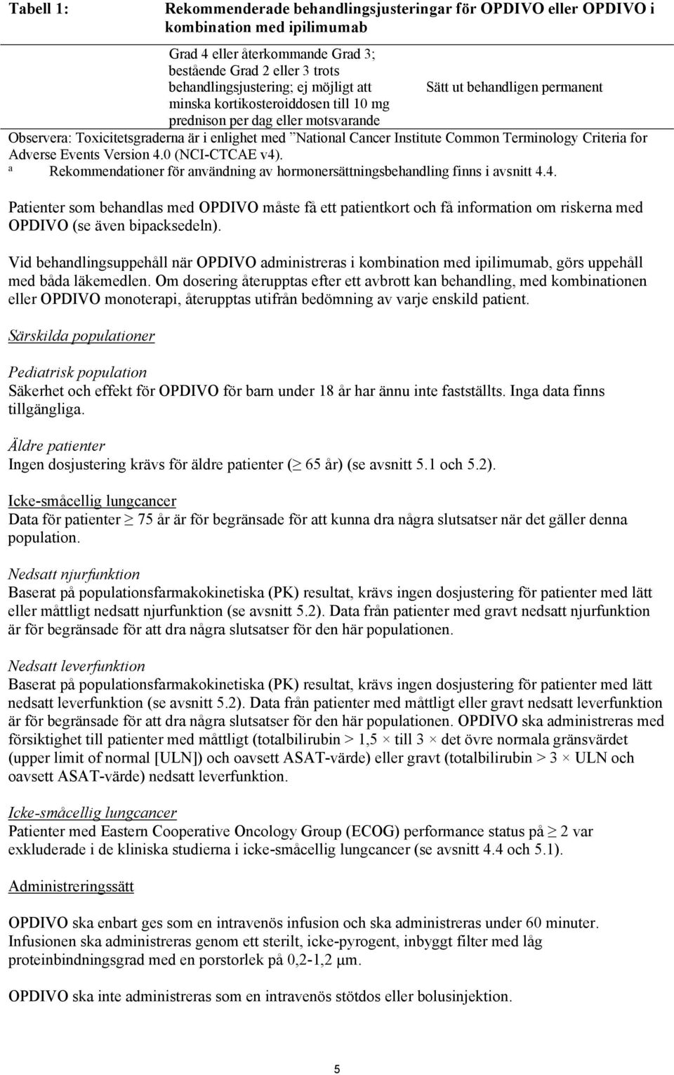 Terminology Criteria for Adverse Events Version 4.0 (NCI-CTCAE v4). a Rekommendationer för användning av hormonersättningsbehandling finns i avsnitt 4.4. Patienter som behandlas med OPDIVO måste få ett patientkort och få information om riskerna med OPDIVO (se även bipacksedeln).