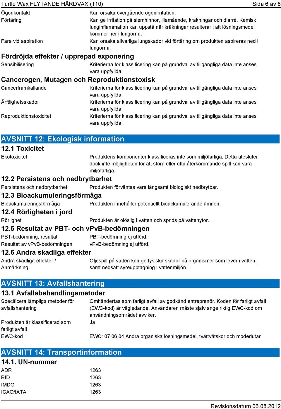 Kan ge irritation på slemhinnor, illamående, kräkningar och diarré. Kemisk lunginflammation kan uppstå när kräkningar resulterar i att lösningsmedel kommer ner i lungorna.