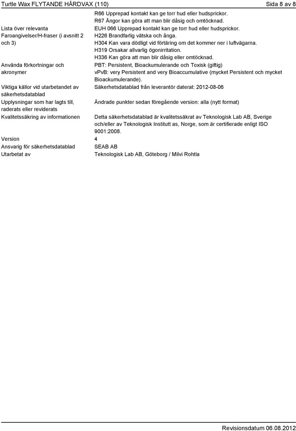 R67 Ångor kan göra att man blir dåsig och omtöcknad. EUH 066 Upprepad kontakt kan ge torr hud eller hudsprickor. H226 Brandfarlig vätska och ånga.