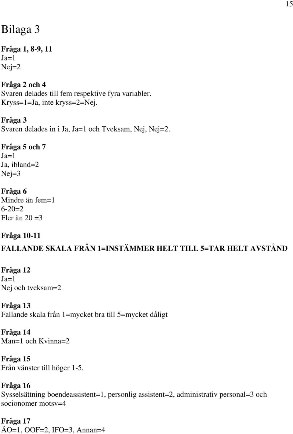 Fråga 5 och 7 Ja=1 Ja, ibland=2 Nej=3 Fråga 6 Mindre än fem=1 6-20=2 Fler än 20 =3 Fråga 10-11 FALLANDE SKALA FRÅN 1=INSTÄMMER HELT TILL 5=TAR HELT AVSTÅND Fråga 12