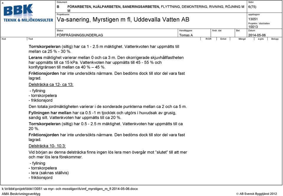 Vattenkvoten har uppmätts till 45-55 % och konflytgränsen till mellan ca 40 % 45 %. Friktionsjorden har inte undersökts närmare. Den bedöms dock till stor del vara fast lagrad.