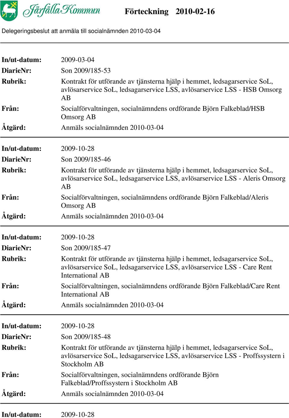 DiarieNr: Son 2009/185-47 avlösarservice SoL, ledsagarservice LSS, avlösarservice LSS - Care Rent International Socialförvaltningen, socialnämndens ordförande Björn Falkeblad/Care Rent
