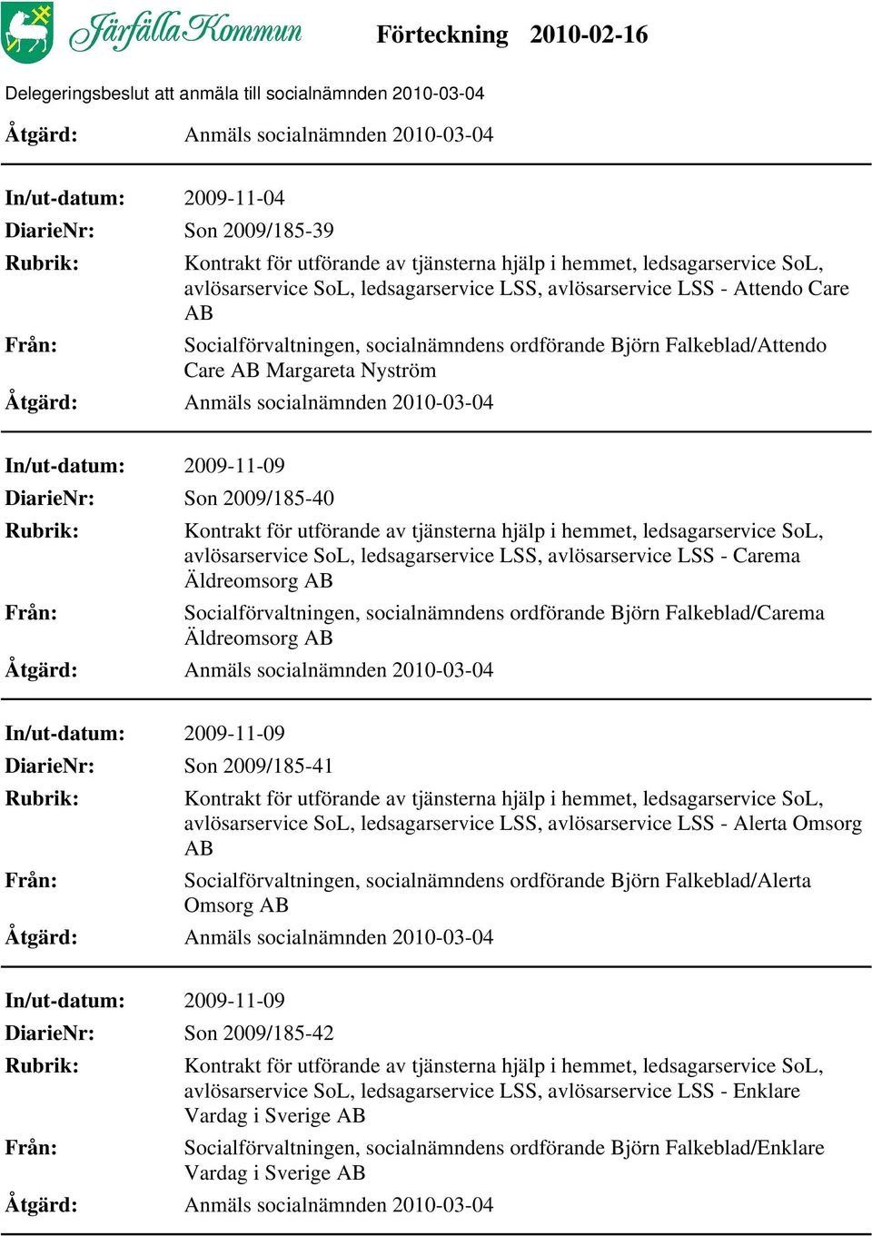 Falkeblad/Carema Äldreomsorg DiarieNr: Son 2009/185-41 avlösarservice SoL, ledsagarservice LSS, avlösarservice LSS - Alerta Omsorg Socialförvaltningen, socialnämndens ordförande Björn