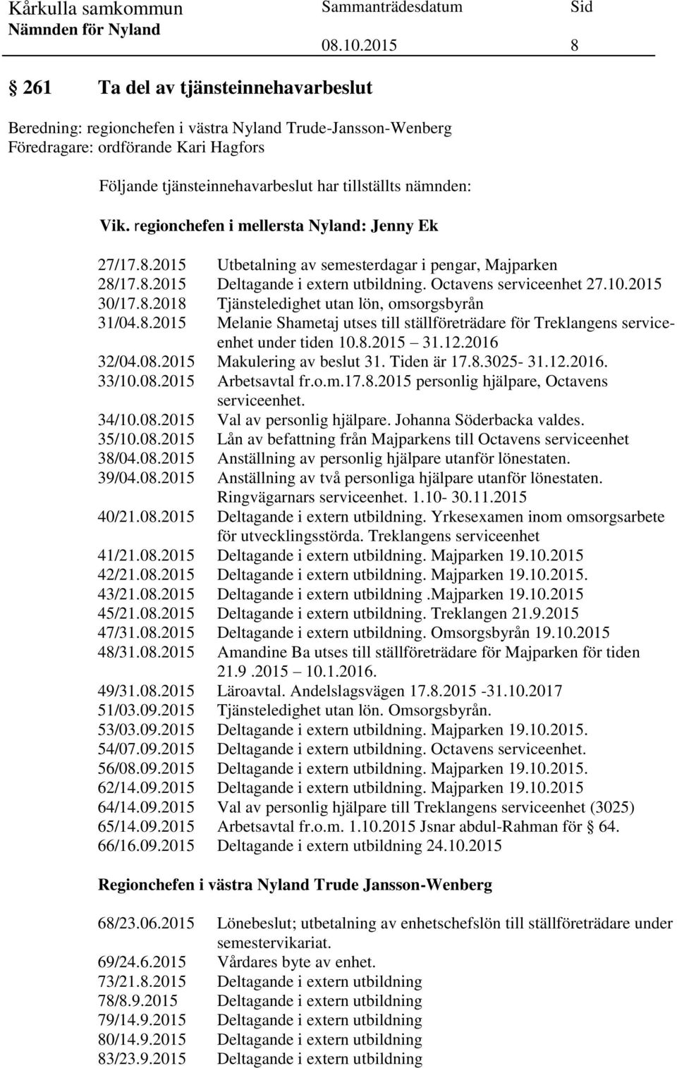 8.2015 Melanie Shametaj utses till ställföreträdare för Treklangens serviceenhet under tiden 10.8.2015 31.12.2016 32/04.08.2015 Makulering av beslut 31. Tiden är 17.8.3025-31.12.2016. 33/10.08.2015 Arbetsavtal fr.
