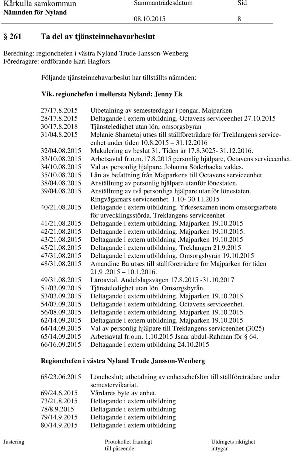 8.2015 Melanie Shametaj utses till ställföreträdare för Treklangens serviceenhet under tiden 10.8.2015 31.12.2016 32/04.08.2015 Makulering av beslut 31. Tiden är 17.8.3025-31.12.2016. 33/10.08.2015 Arbetsavtal fr.
