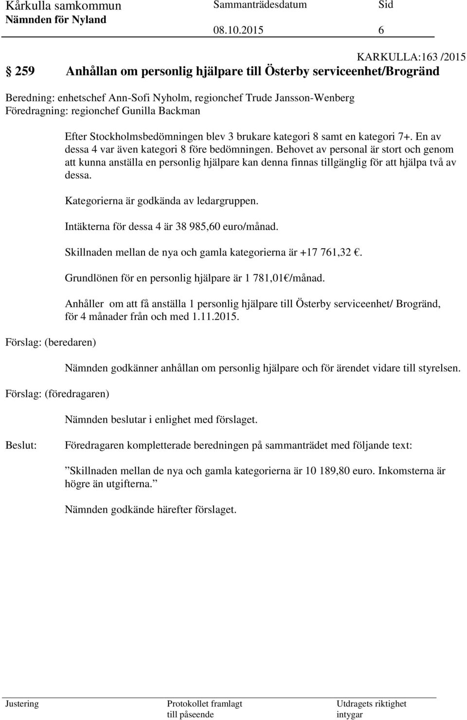 Behovet av personal är stort och genom att kunna anställa en personlig hjälpare kan denna finnas tillgänglig för att hjälpa två av dessa. Kategorierna är godkända av ledargruppen.
