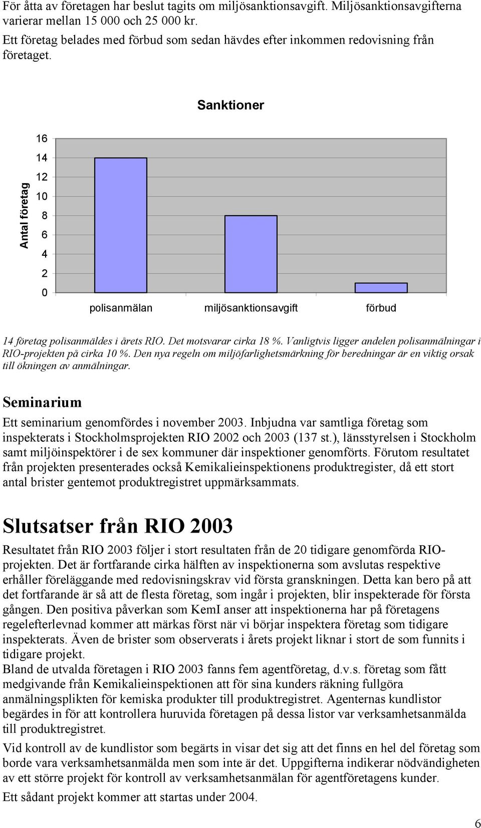 Sanktioner 16 14 Antal företag 12 10 8 6 4 2 0 polisanmälan miljösanktionsavgift förbud 14 företag polisanmäldes i årets RIO. Det motsvarar cirka 18 %.