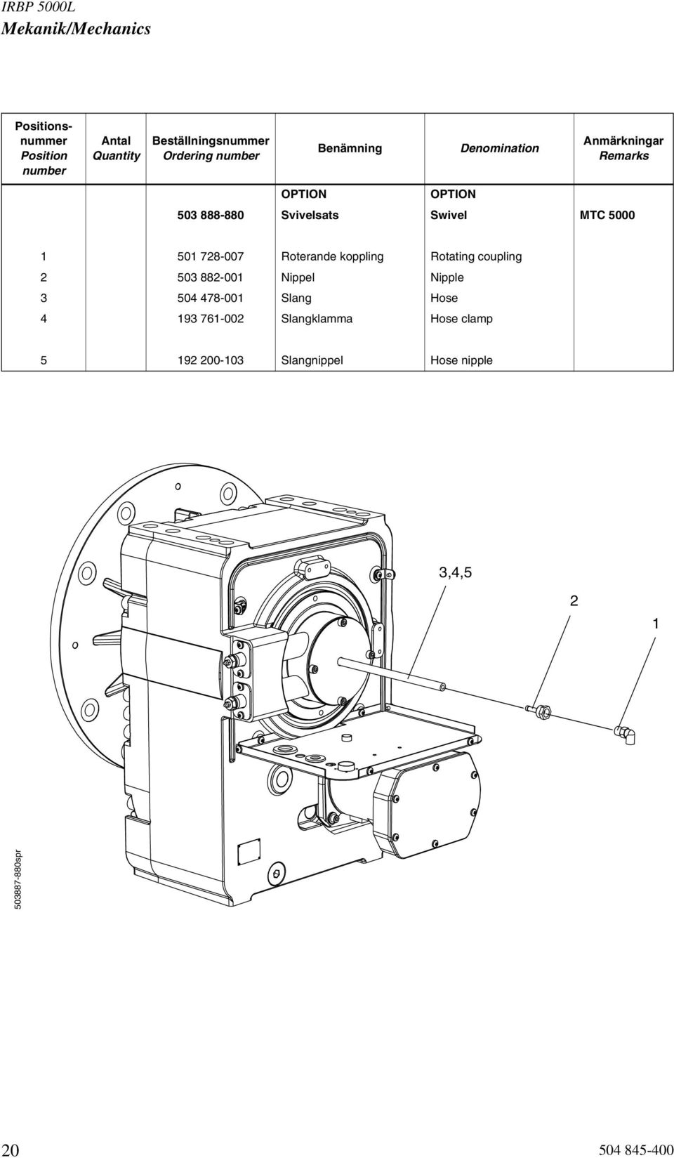 Roterande koppling Rotating coupling 2 503 882-001 Nippel Nipple 3 504 478-001 Slang Hose 4 193