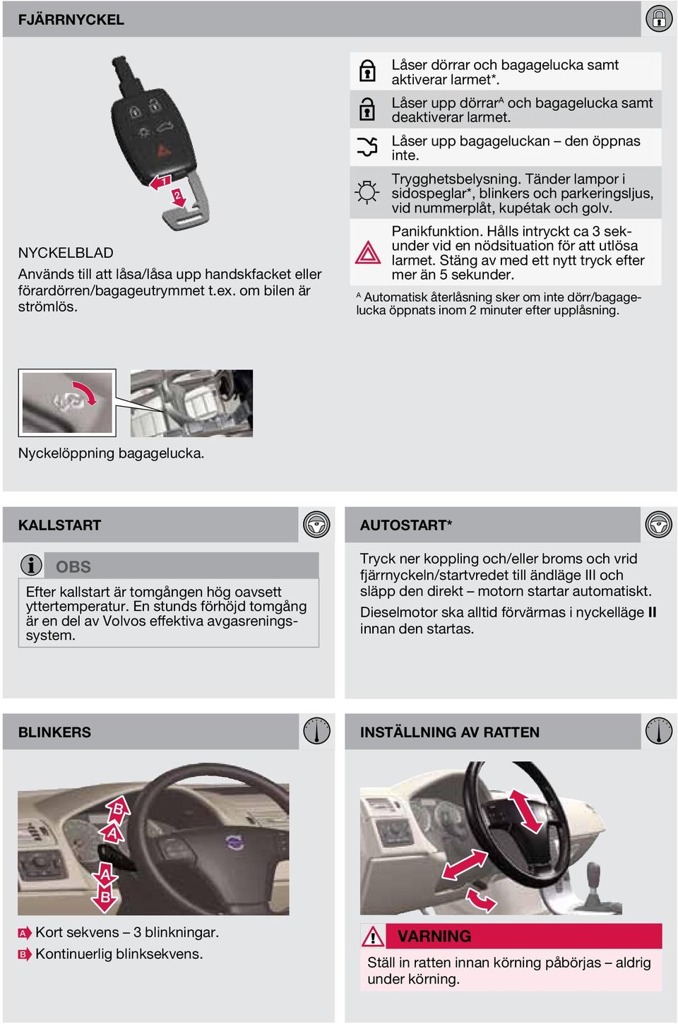 Tänder lampor i sidospeglar*, blinkers och parkeringsljus, vid nummerplåt, kupétak och golv. Panikfunktion. Hålls intryckt ca 3 sekunder vid en nödsituation för att utlösa larmet.