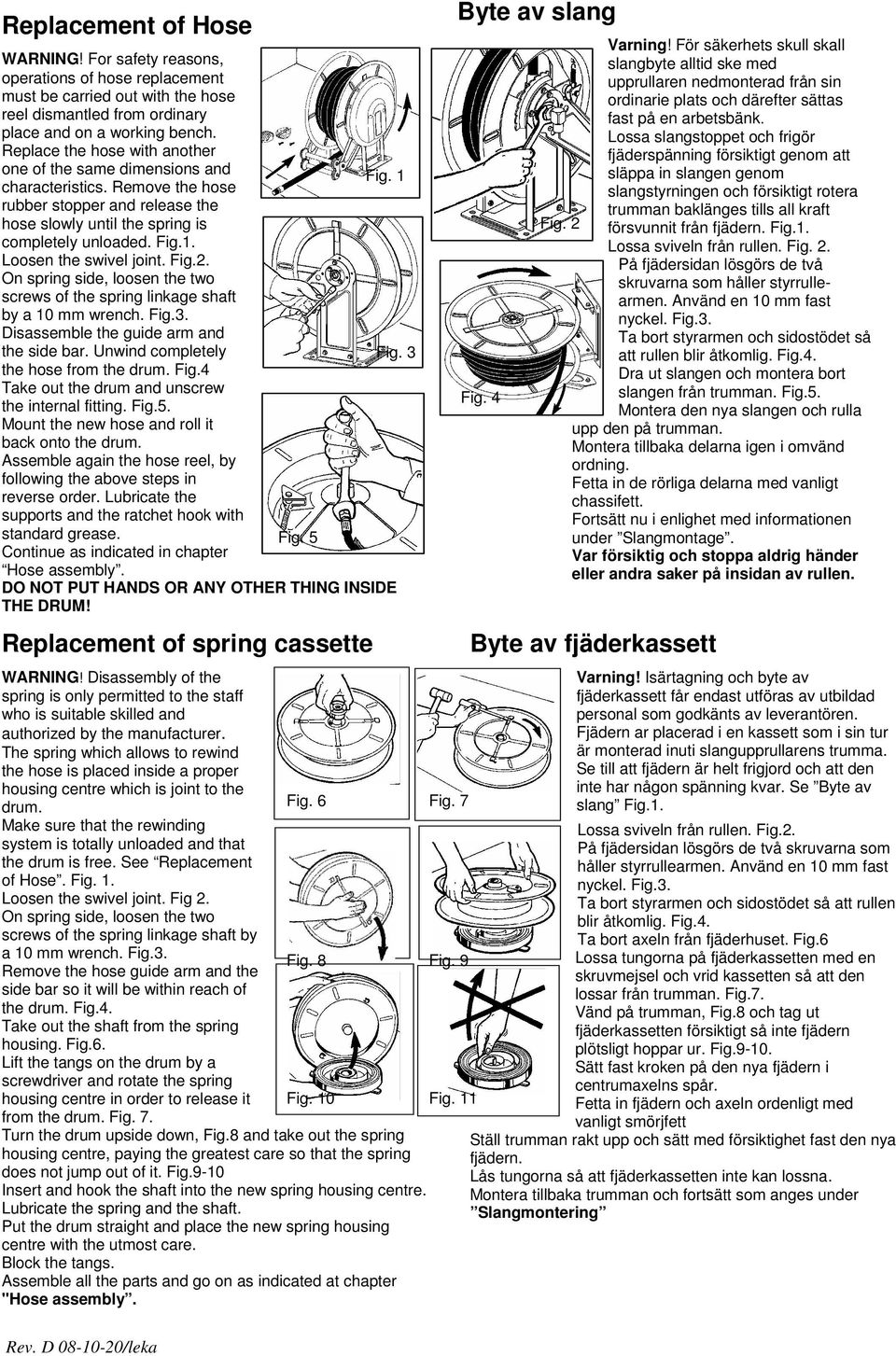 Fig.2. On spring side, loosen the two screws of the spring linkage shaft by a 10 mm wrench. Fig.3. Disassemble the guide arm and the side bar. Unwind completely Fig. 3 the hose from the drum. Fig.4 Take out the drum and unscrew the internal fitting.
