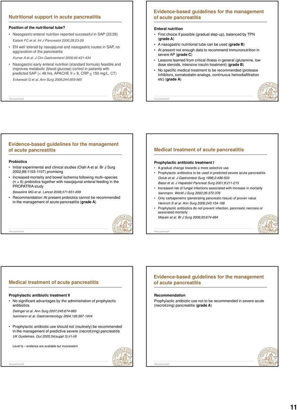J Clin Gastroenterol 2006;40:431-434 Nasogastric early enteral nutrition (standard formula) feasible and improves metabolic (blood glucose) control in patients with predicted SAP (< 48 hrs, APACHE II