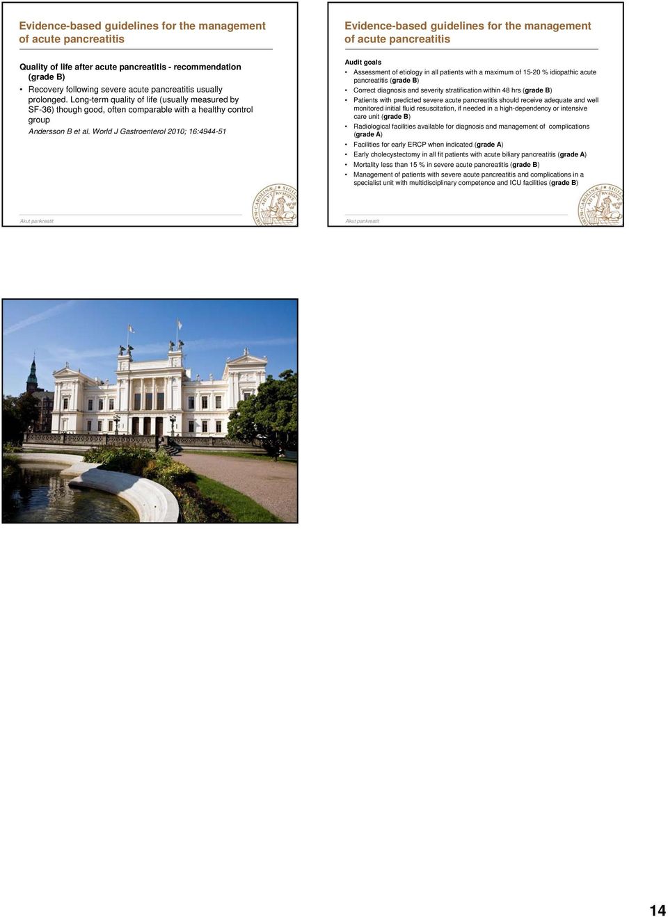 World J Gastroenterol 2010; 16:4944-51 Audit goals Assessment of etiology in all patients with a maximum of 15-20 % idiopathic acute pancreatitis (grade B) Correct diagnosis and severity