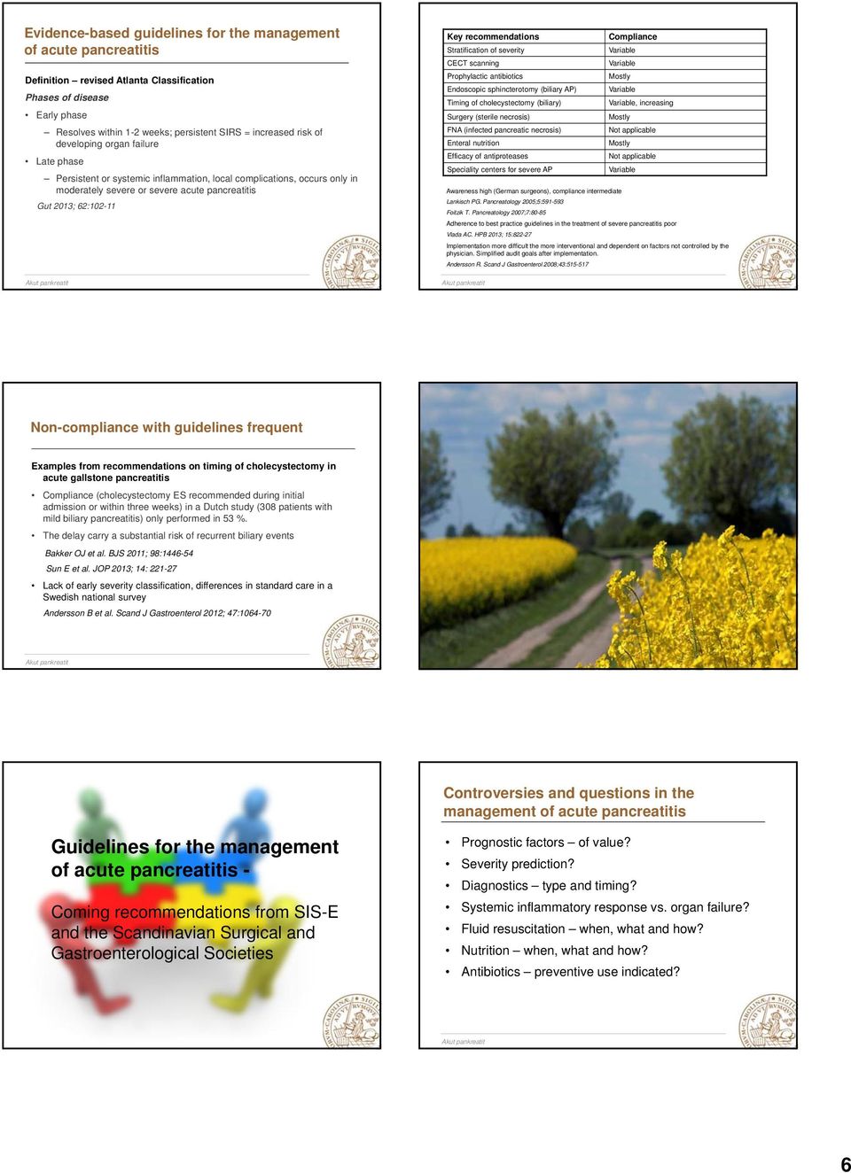 antibiotics Endoscopic sphincterotomy (biliary AP) Timing of cholecystectomy (biliary) Surgery (sterile necrosis) FNA (infected pancreatic necrosis) Enteral nutrition Efficacy of antiproteases