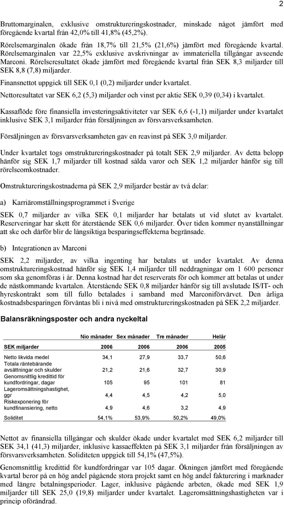 Rörelseresultatet ökade jämfört med föregående kvartal från SEK 8,3 miljarder till SEK 8,8 (7,8) miljarder. Finansnettot uppgick till SEK 0,1 (0,2) miljarder under kvartalet.