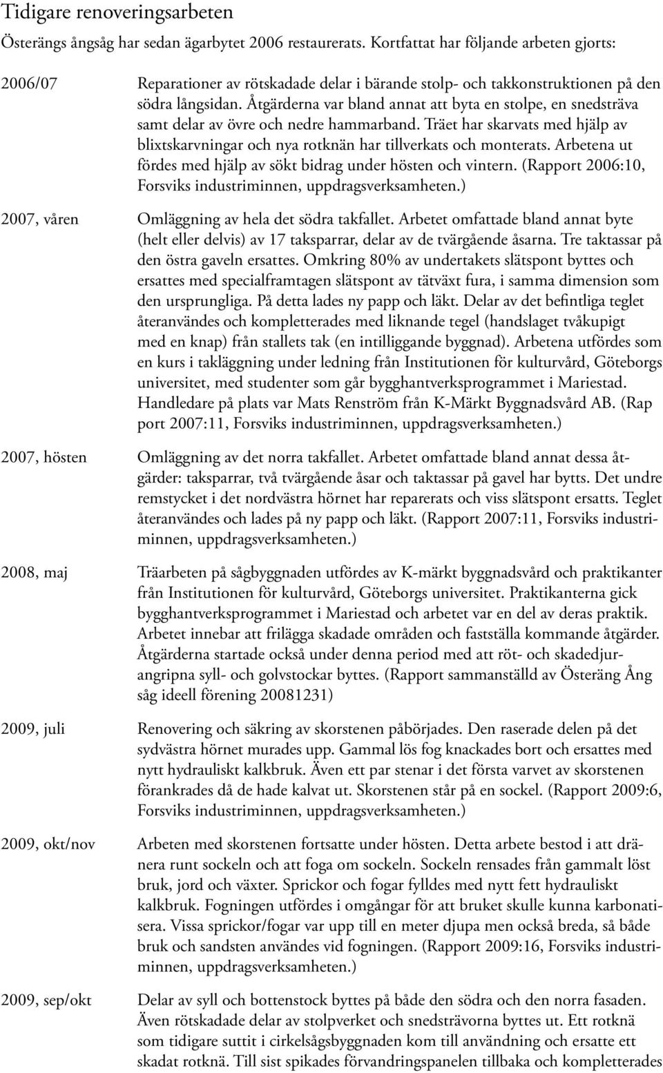 Åtgärderna var bland annat att byta en stolpe, en snedsträva samt delar av övre och nedre hammarband. Träet har skarvats med hjälp av blixtskarvningar och nya rotknän har tillverkats och monterats.