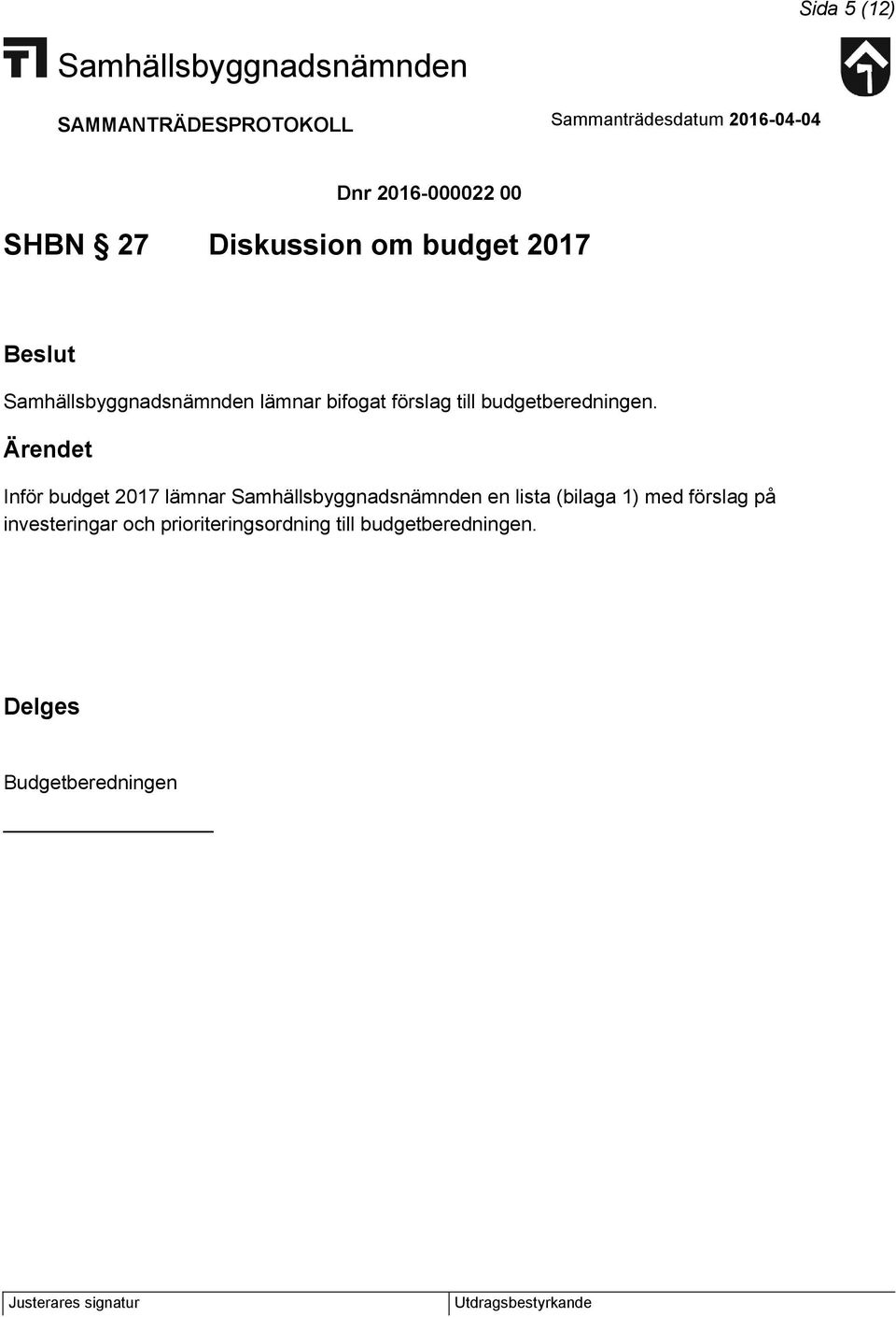 Inför budget 2017 lämnar en lista (bilaga 1) med förslag på