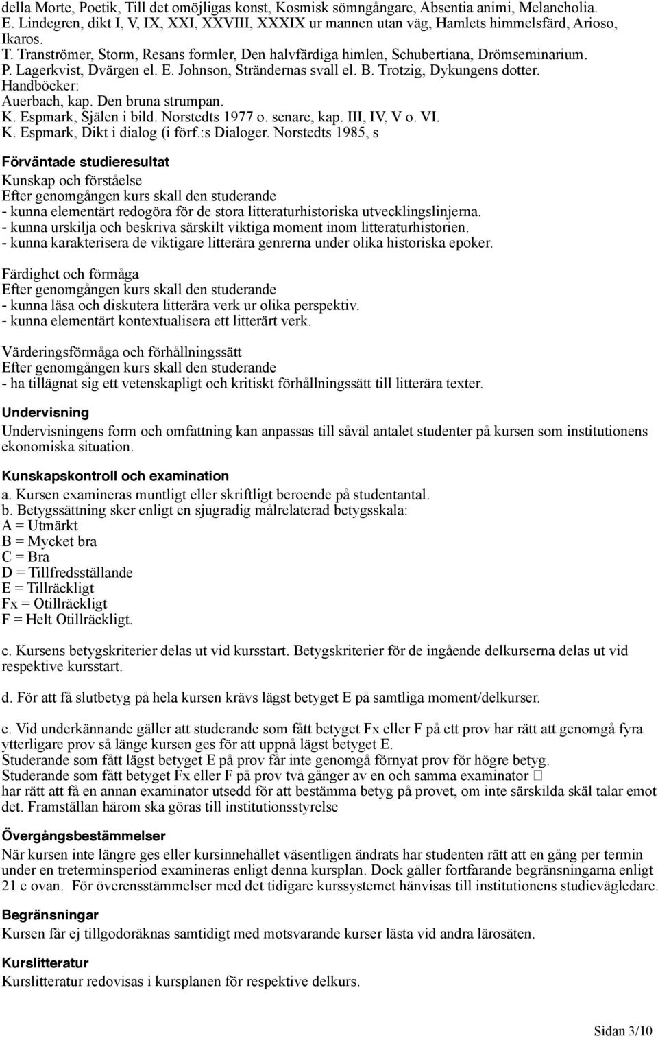 Lagerkvist, Dvärgen el. E. Johnson, Strändernas svall el. B. Trotzig, Dykungens dotter. Handböcker: Auerbach, kap. Den bruna strumpan. K. Espmark, Själen i bild. Norstedts 1977 o. senare, kap.