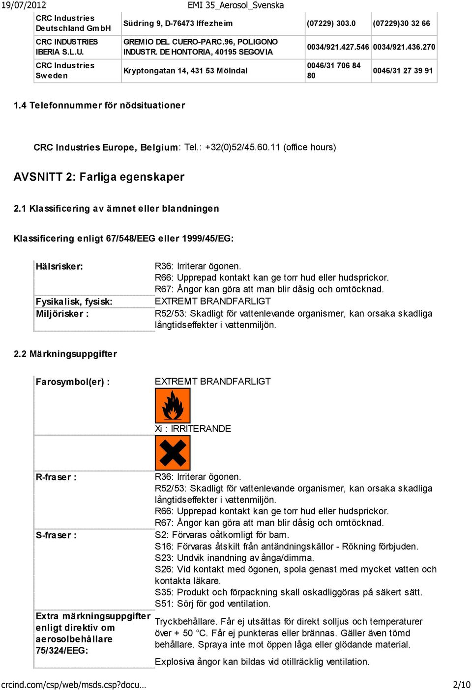 4 Telefonnummer för nödsituationer CRC Industries Europe, Belgium: Tel.: +32(0)52/45.60.11 (office hours) AVSNITT 2: Farliga egenskaper 2.