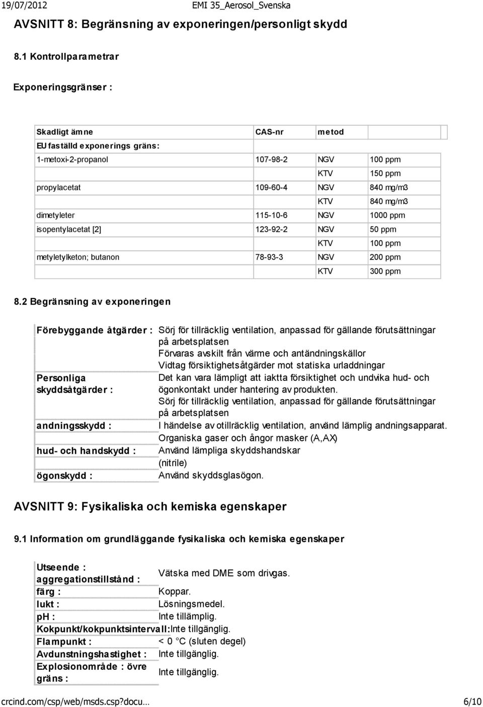 mg/m3 dimetyleter 115-10-6 NGV 1000 ppm isopentylacetat [2] 123-92-2 NGV 50 ppm KTV 100 ppm metyletylketon; butanon 78-93-3 NGV 200 ppm KTV 300 ppm 8.