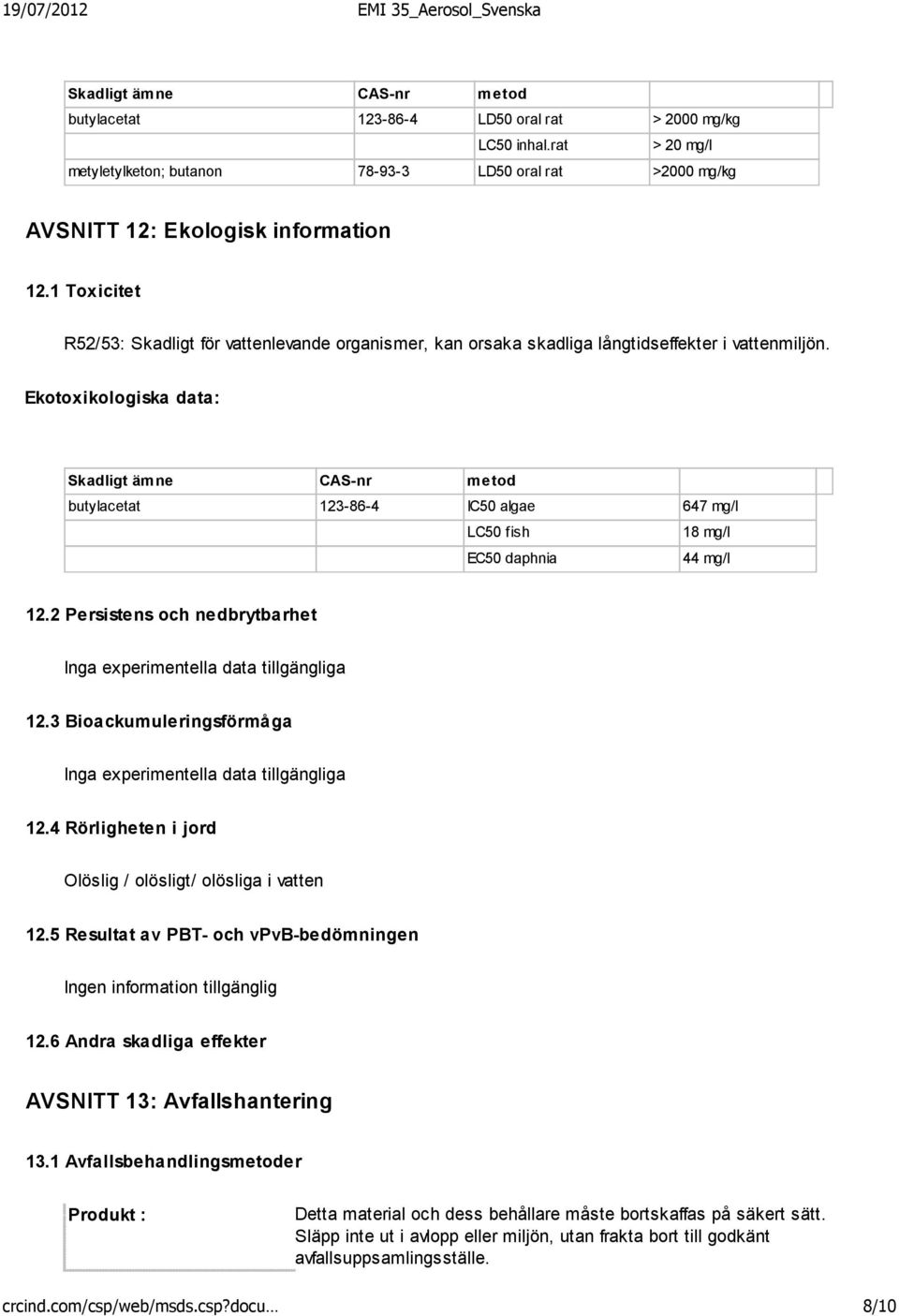 Ekotoxikologiska data: Skadligt ämne CAS-nr metod butylacetat 123-86-4 IC50 algae 647 mg/l LC50 fish 18 mg/l EC50 daphnia 44 mg/l 12.