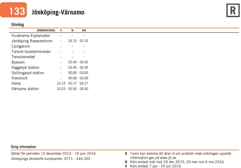 30 Gäller för perioden 13 december 2015 19 juni 2016 Jönköpings länstrafik kundcenter: 0771 444 333 B Turen