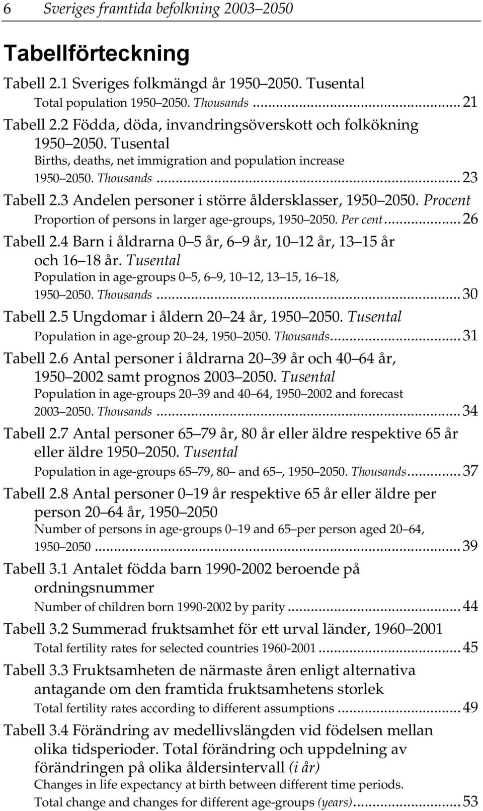 3 Andelen personer i större åldersklasser, 1950 2050. Procent Proportion of persons in larger age-groups, 1950 2050. Per cent... 26 Tabell 2.