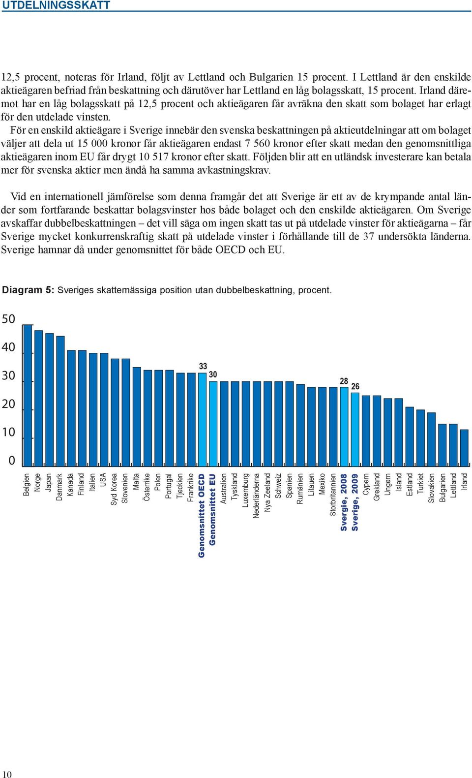 För en enskild aktieägare i innebär den svenska beskattningen på aktieutdelningar att om bolaget väljer att dela ut 15 kronor får aktieägaren endast 7 56 kronor efter skatt medan den genomsnittliga