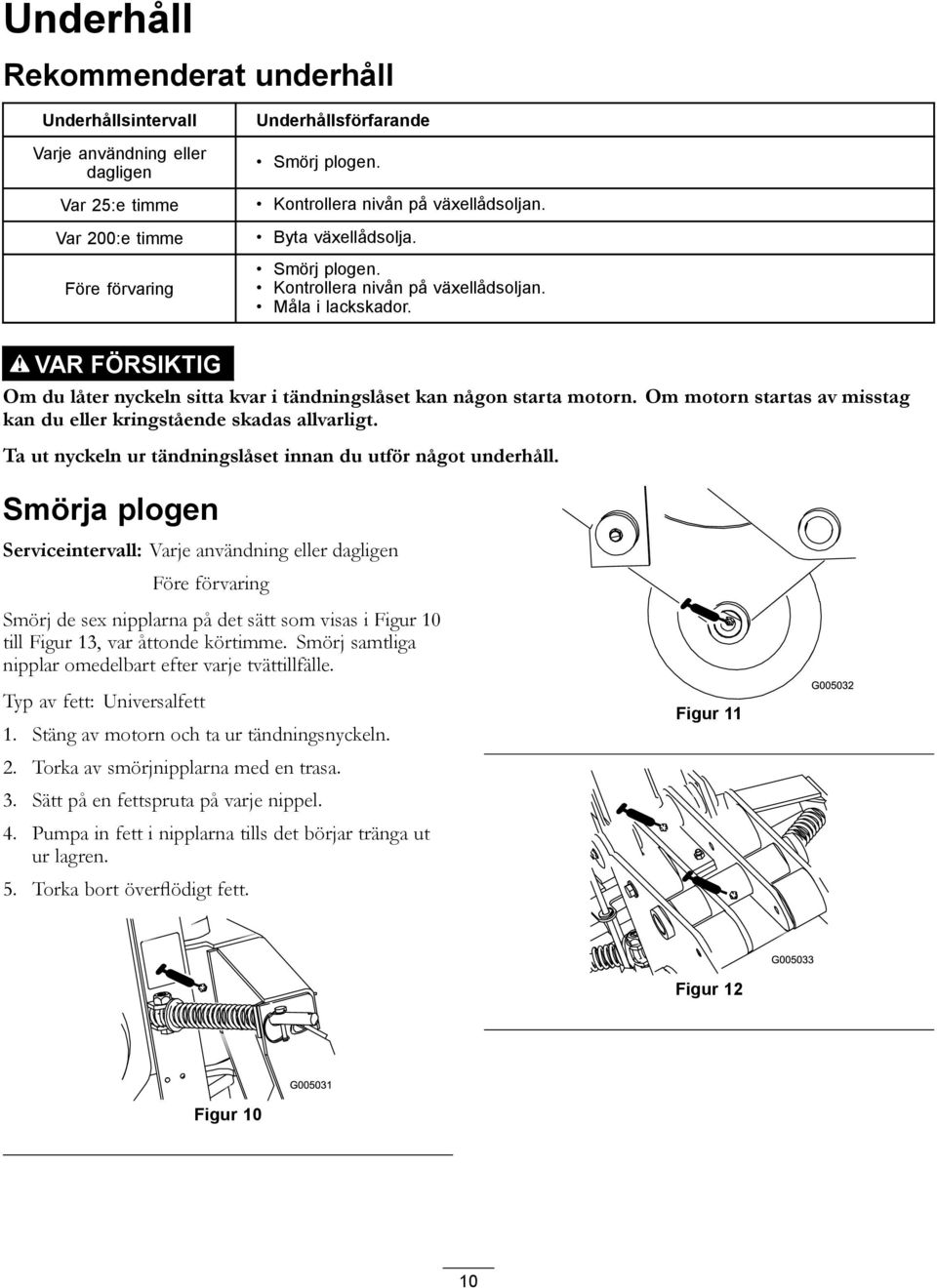 VAR FÖRSIKTIG Om du låter nyckeln sitta kvar i tändningslåset kan någon starta motorn. Om motorn startas av misstag kan du eller kringstående skadas allvarligt.